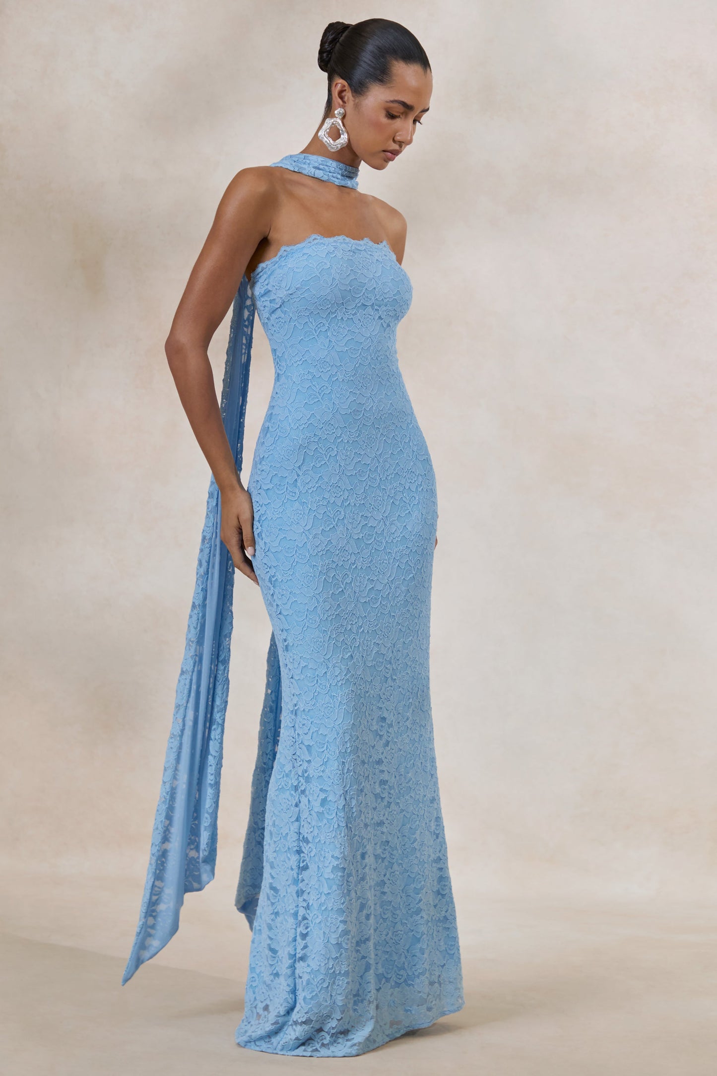 Massima | Light Blue Lace Bandeau Maxi Dress With Scarf-Detail