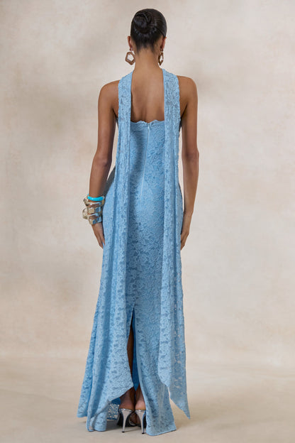 Massima | Light Blue Lace Bandeau Maxi Dress With Scarf-Detail