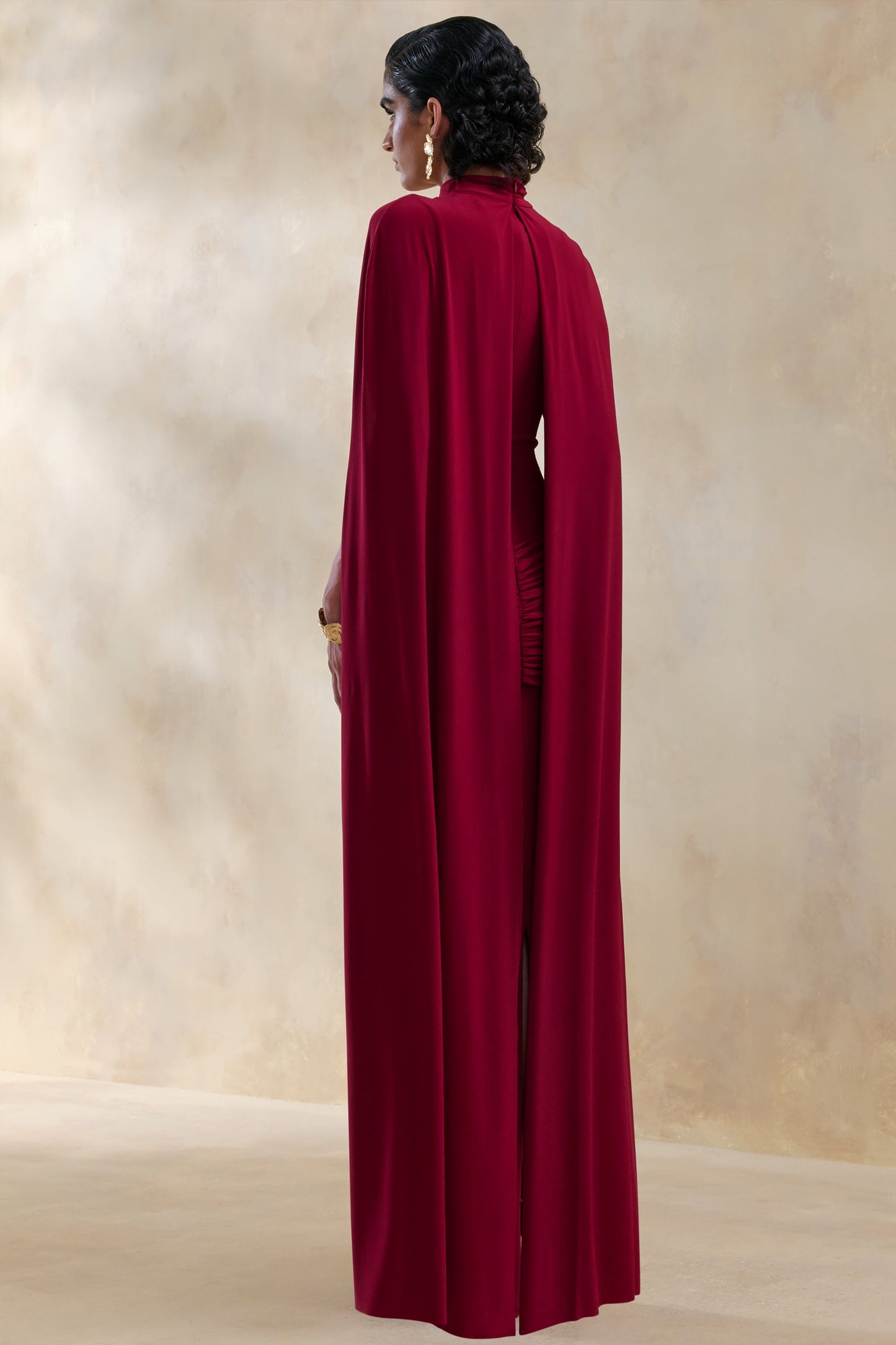 Dianelle | Berry High-Neck Maxi Dress With Cape-Sleeves