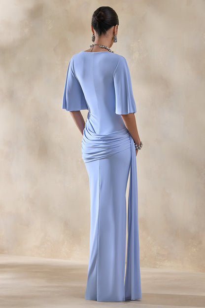 Emerelle | Powder Blue Wide-Neck Maxi Dress With Sash And Draped-Detailing