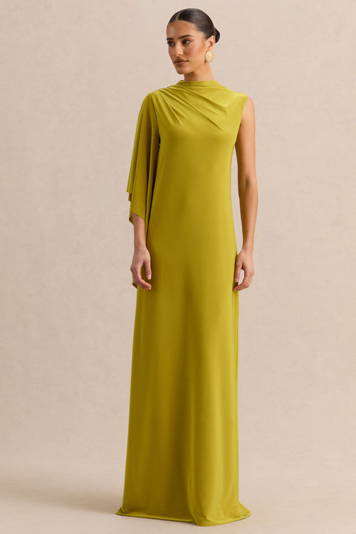 Marosia | Olive High-Neck Maxi Dress With Cape Sleeve