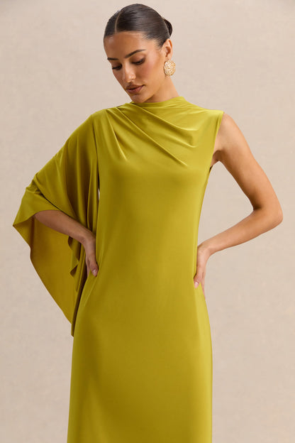 Marosia | Olive High-Neck Maxi Dress With Cape Sleeve
