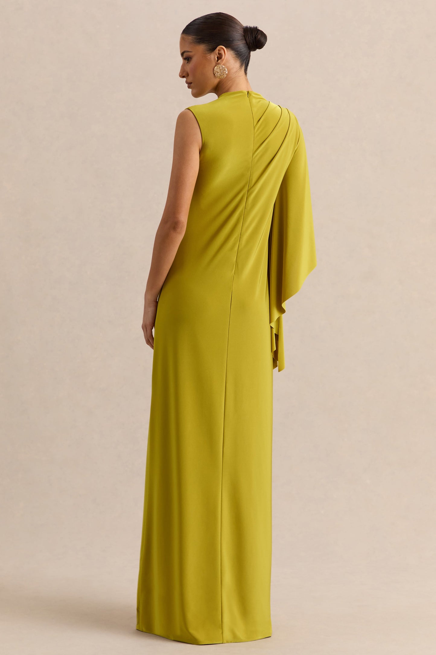 Marosia | Olive High-Neck Maxi Dress With Cape Sleeve