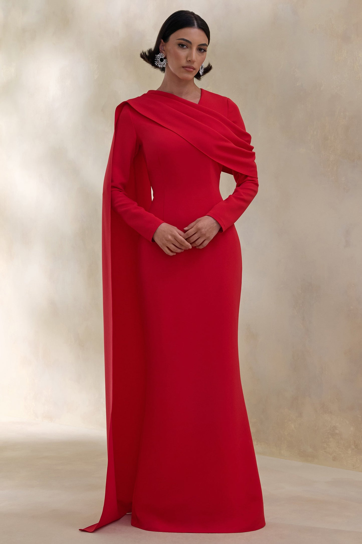 Heliora | Red V-Neck Maxi Dress With Sash And Draped-Detail