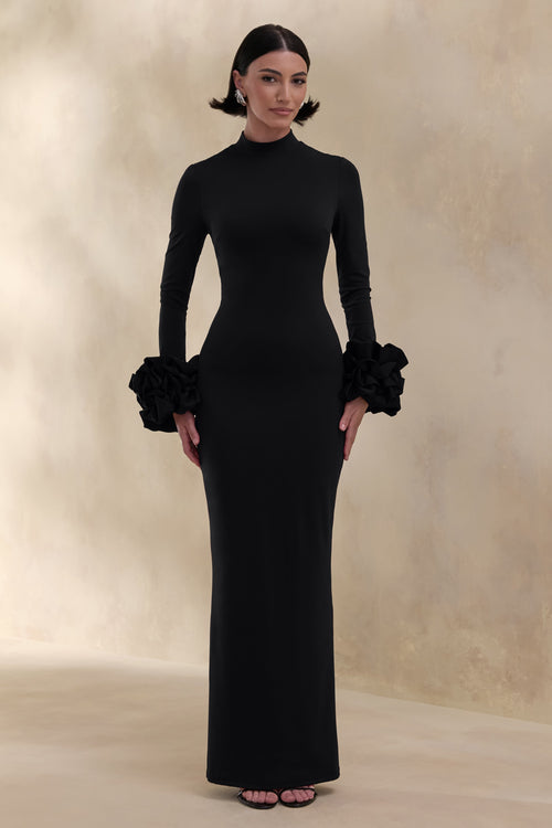 Jaselle | Black High-Neck Maxi Dress With Ruffled Satin-Cuffs