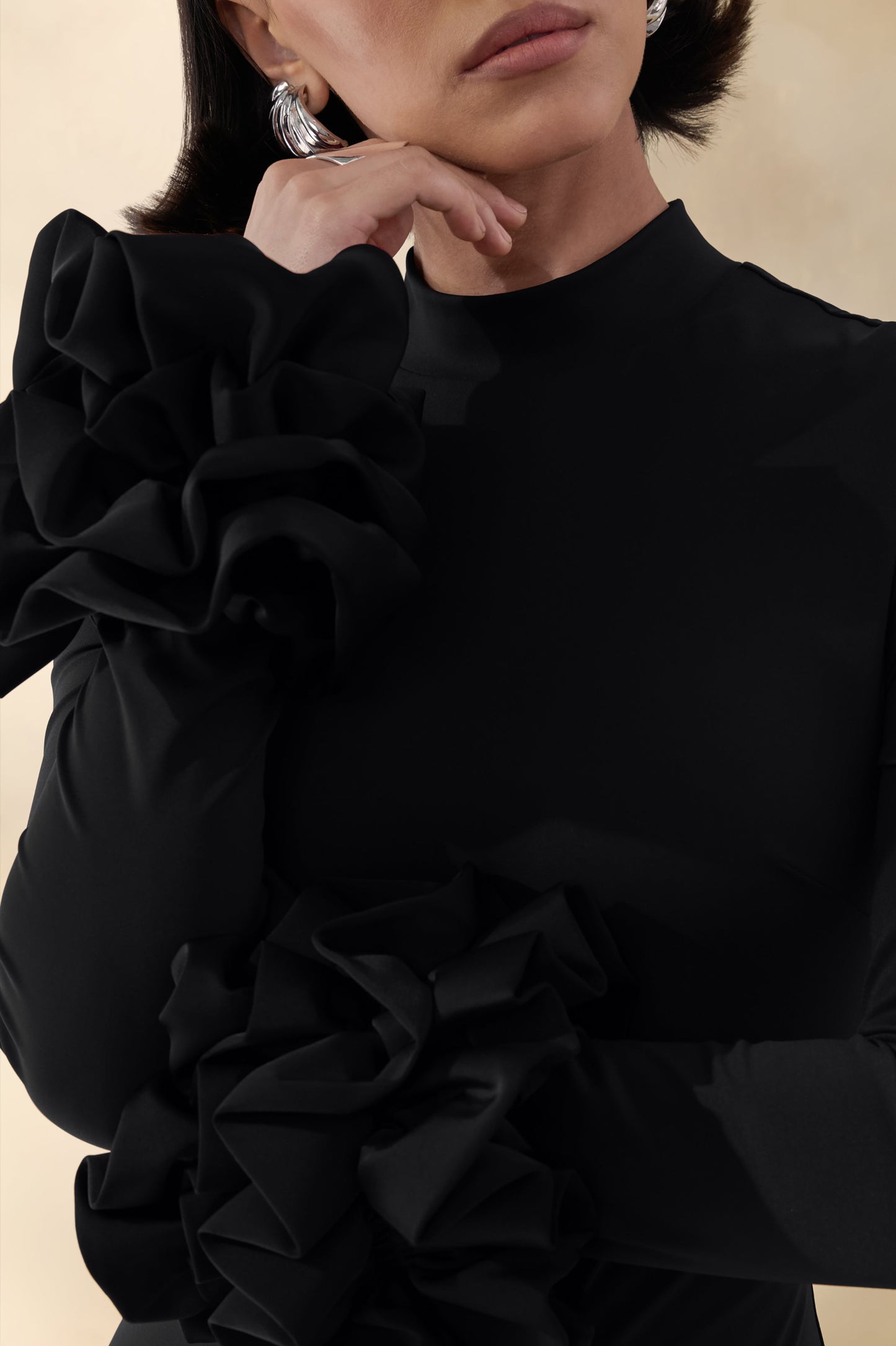 Jaselle | Black High-Neck Maxi Dress With Ruffled Satin-Cuffs