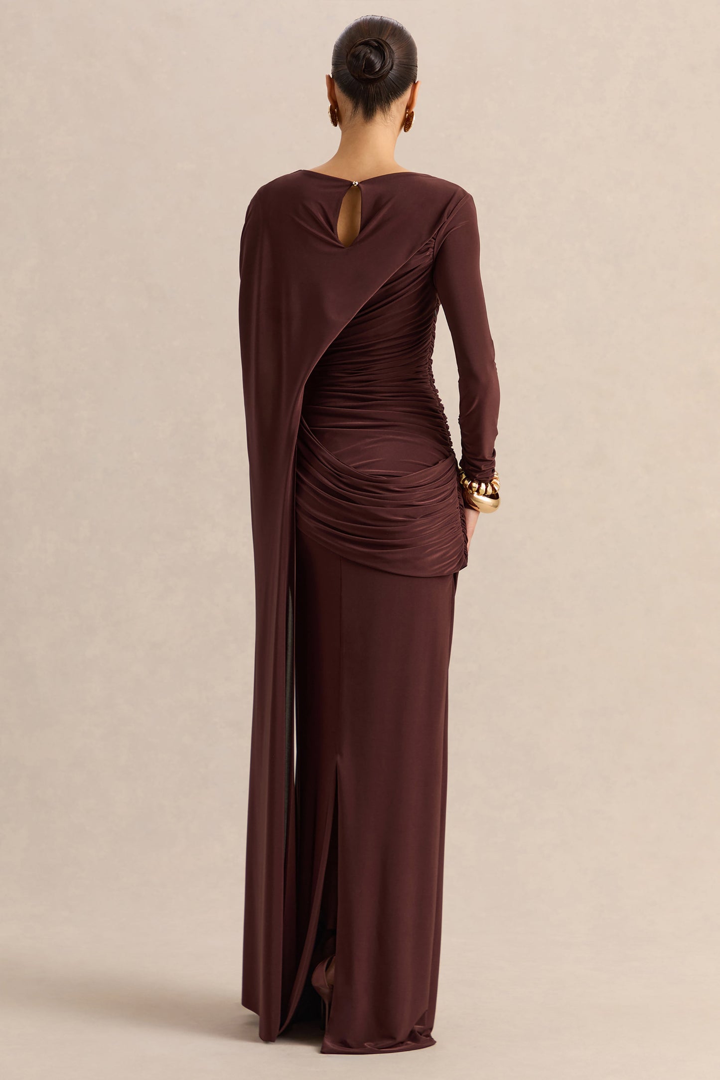 Orintha | Brown Slashed-Neck Maxi Dress With Cape And Gold-Detail