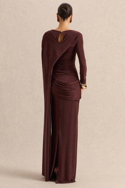 Orintha | Brown Slashed-Neck Maxi Dress With Cape And Gold-Detail