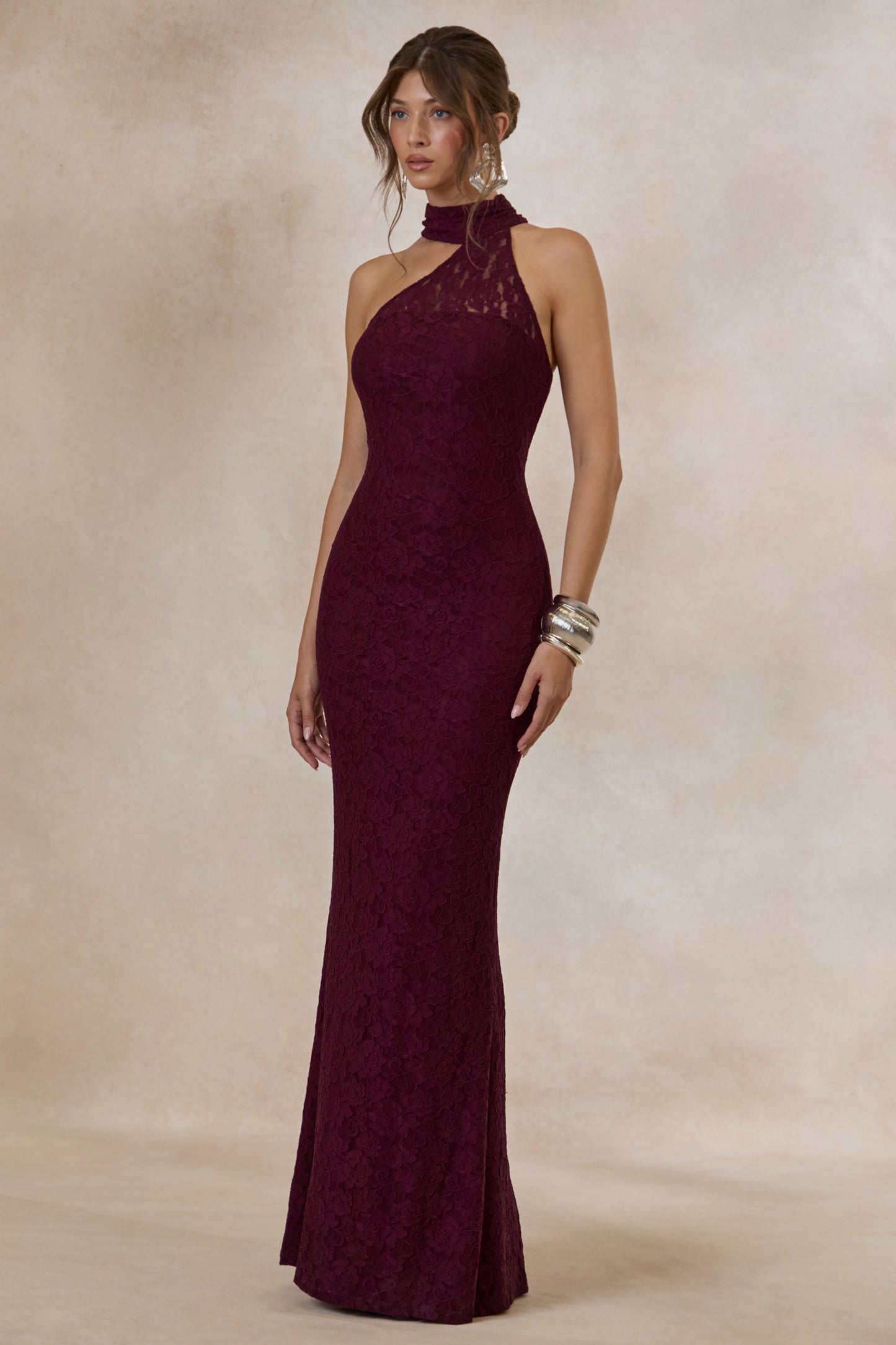 Almaria | Burgundy Lace Asymmetric-Neck Maxi Dress With Collar-Detail