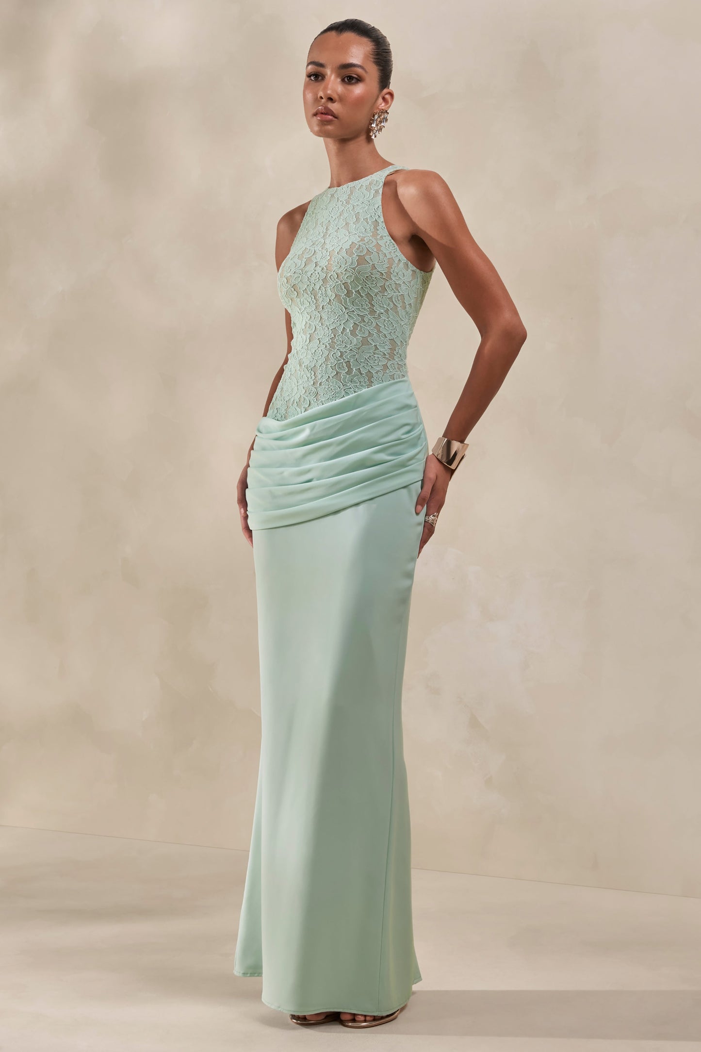 Anthelia | Mint Lace And Satin Racer-Neck Maxi Dress With Draped-Detail