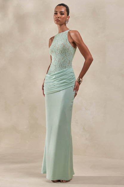 Anthelia | Mint Lace And Satin Racer-Neck Maxi Dress With Draped-Detail