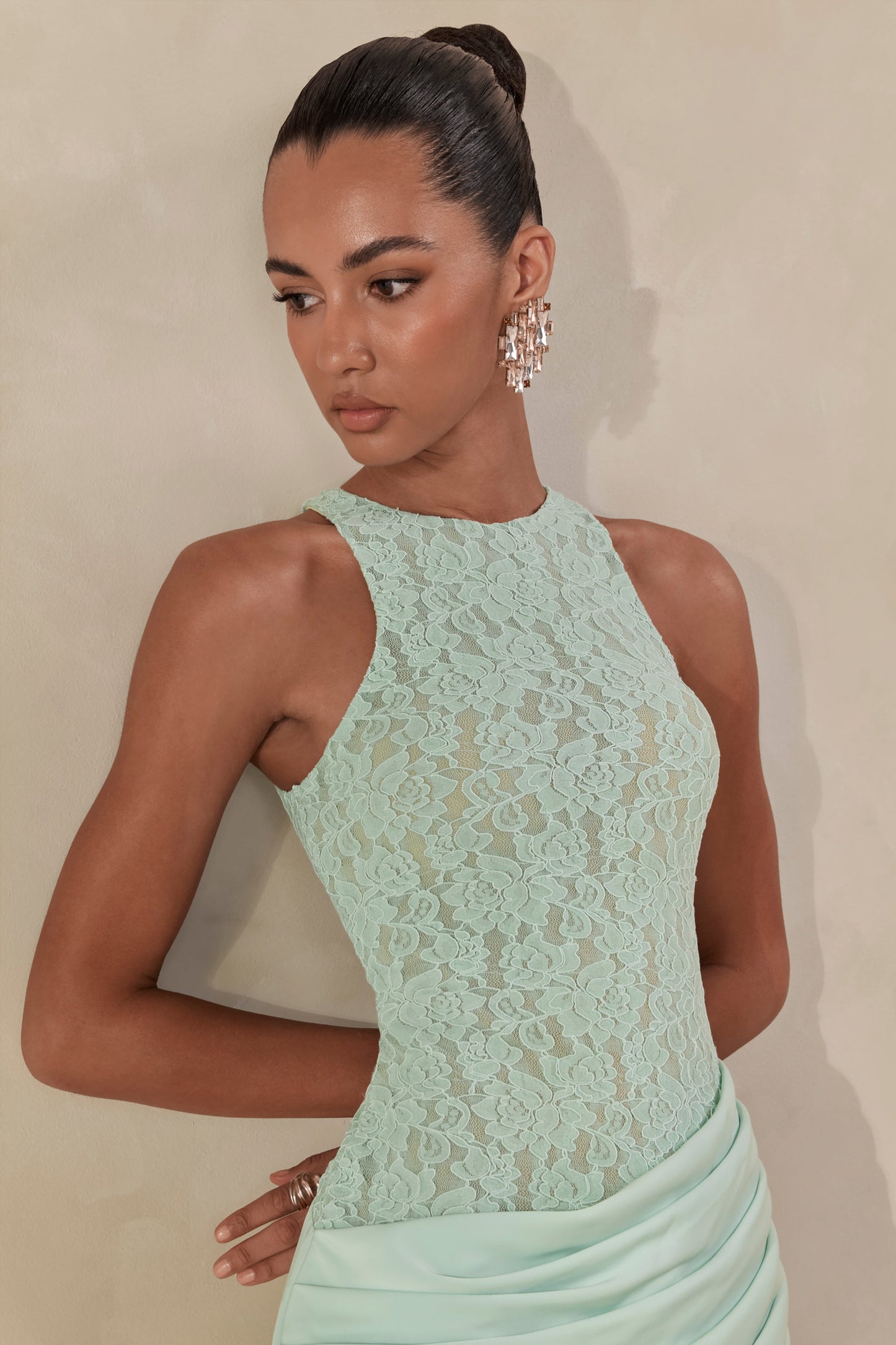 Anthelia | Mint Lace And Satin Racer-Neck Maxi Dress With Draped-Detail