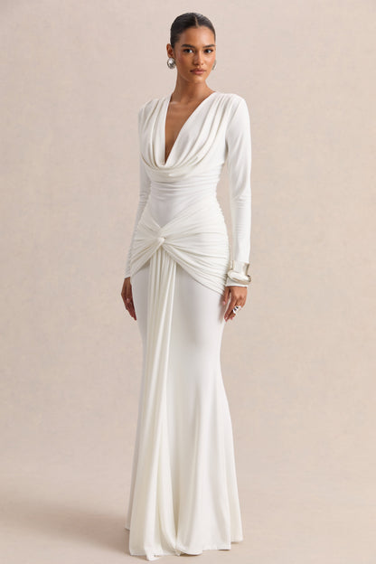 Palerma | White Draped Cowl-Neck Maxi-Dress With Gathered-Detailing