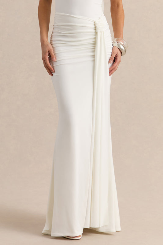 Eowyn | White Ruched Maxi Skirt With Front Split