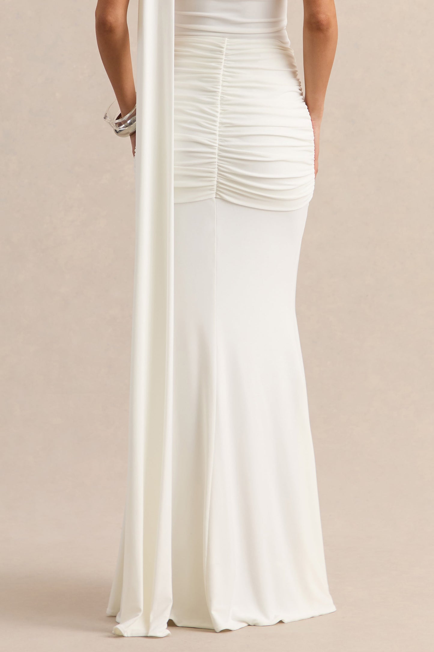 Eowyn | White Ruched Maxi Skirt With Front Split