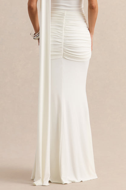Eowyn | White Ruched Maxi Skirt With Front Split