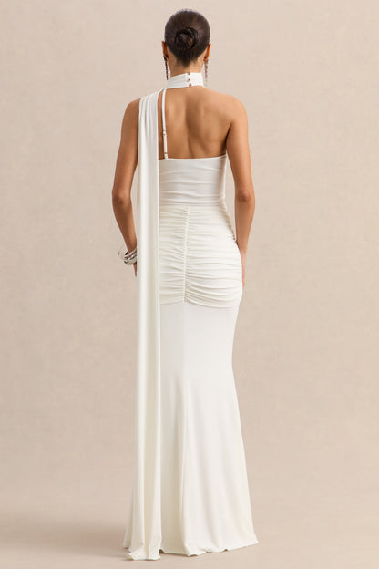 Eowyn | White Ruched Maxi Skirt With Front Split