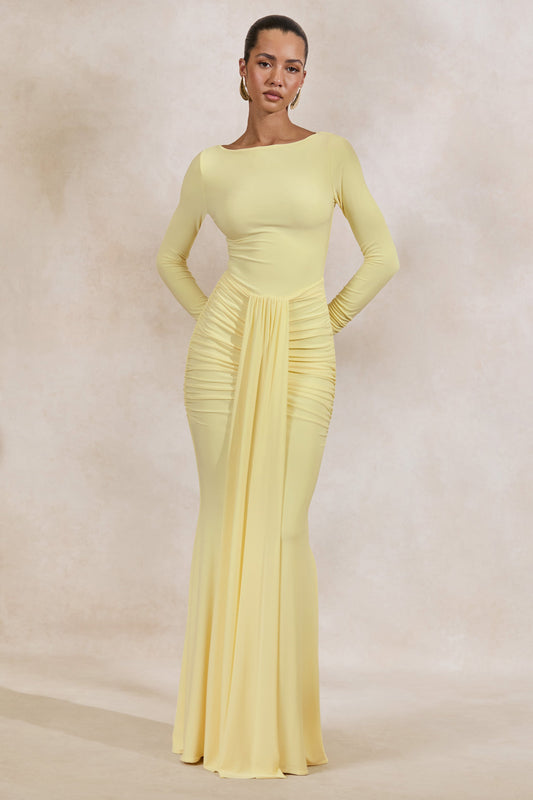 Liatris | Lemon Wide-Neck Maxi-Dress With Gathered-Detailing