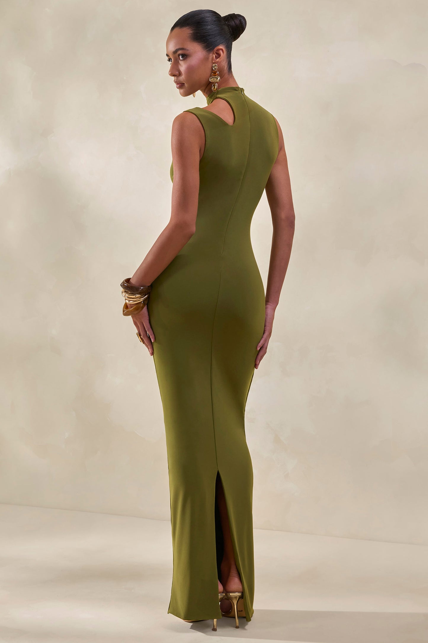 Cyrilla | Green High-Neck Maxi Dress With Gold-Detail