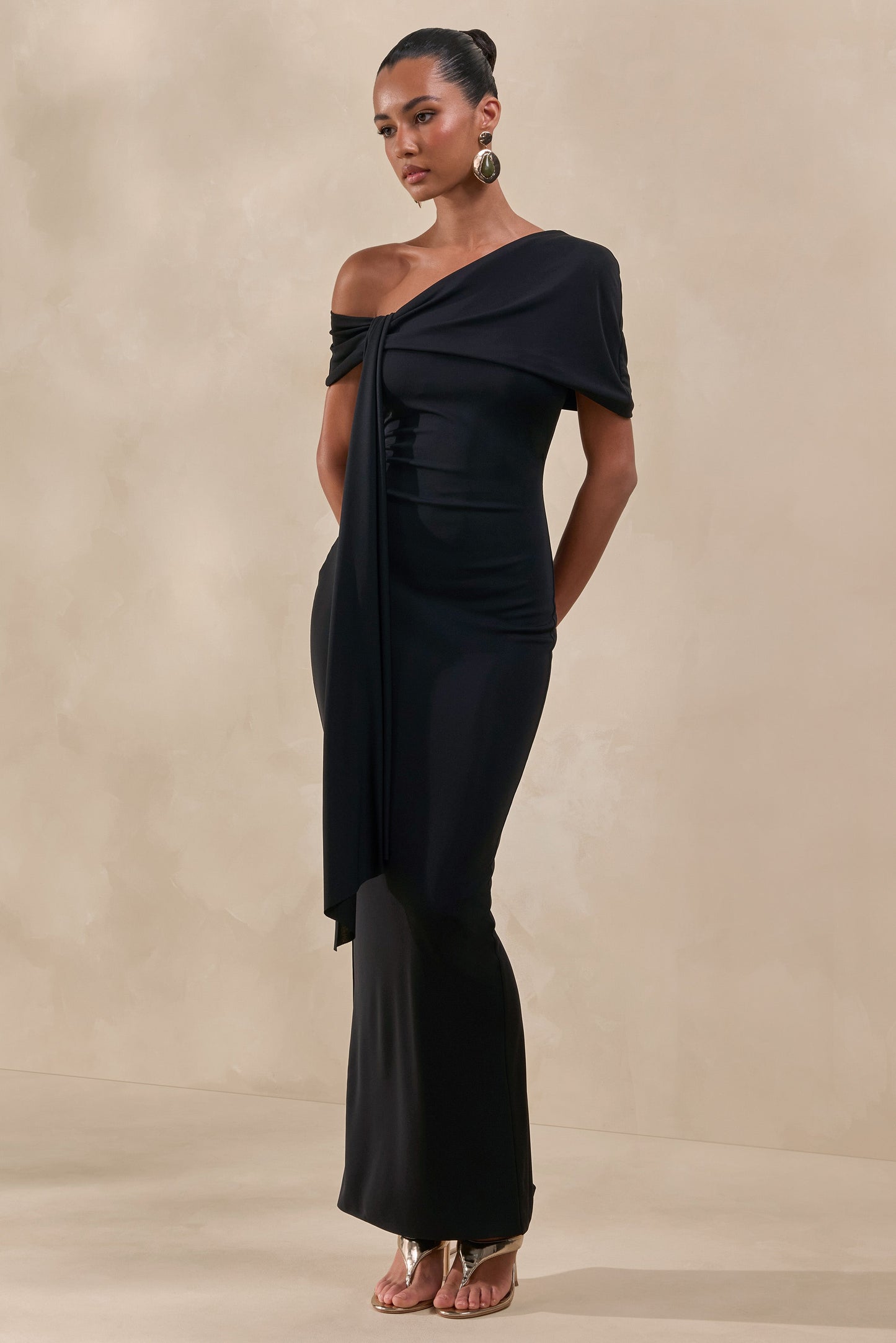 Esalina | Black Asymmetric-Neck Maxi Dress With Sash