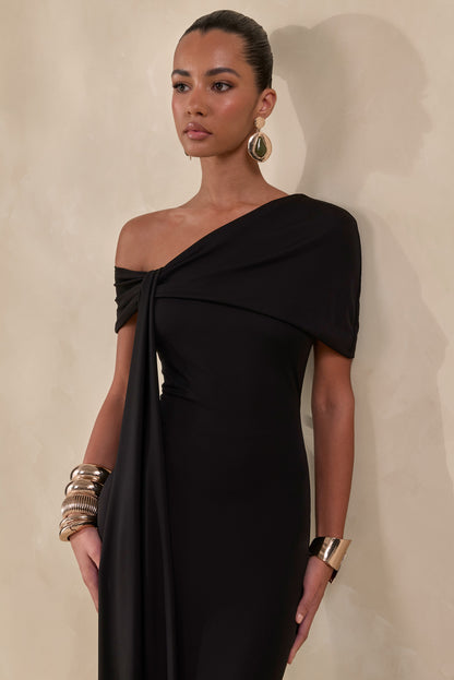 Esalina | Black Asymmetric-Neck Maxi Dress With Sash