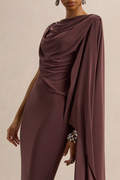 Kamoria | Brown Round-Neck Midi Dress With Cape-Sleeve
