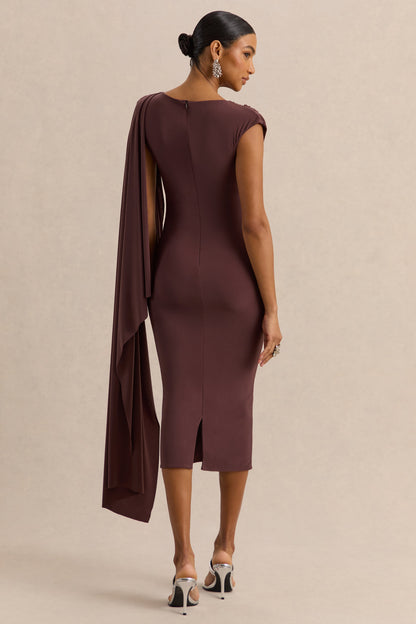 Kamoria | Brown Round-Neck Midi Dress With Cape-Sleeve