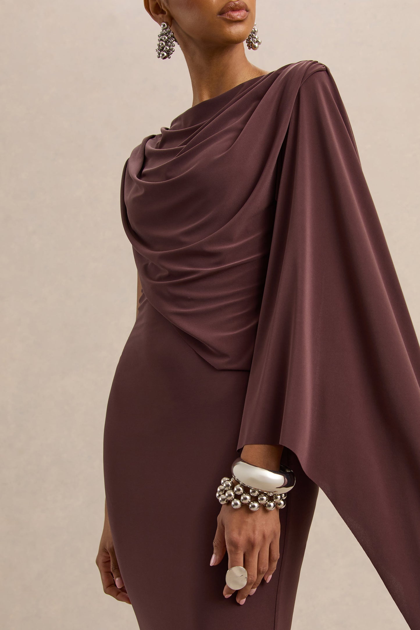 Kamoria | Brown Round-Neck Midi Dress With Cape-Sleeve
