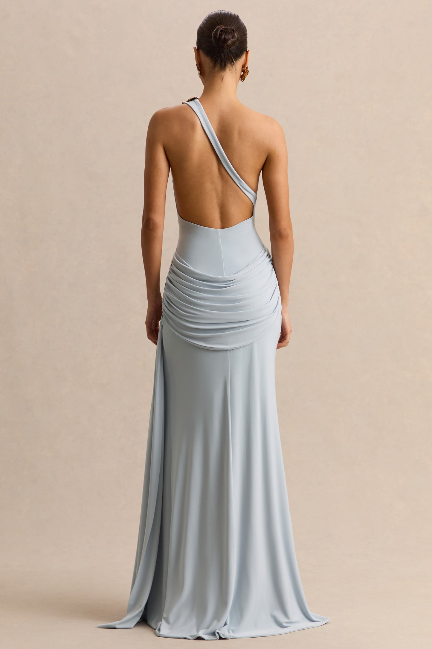 Belrose | Blue Asymmetric-Neck Maxi Dress With Gold-Detail And Front-High Split