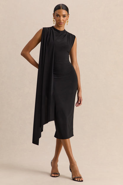 Oleandra | Black High-Neck Midi-Dress With Draped-Detail