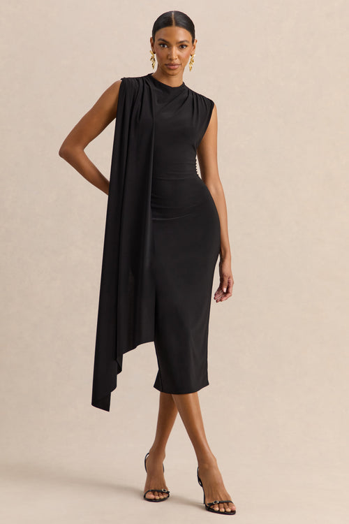 Oleandra | Black High-Neck Midi-Dress With Draped-Detail