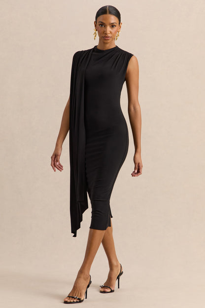 Oleandra | Black High-Neck Midi-Dress With Draped-Detail