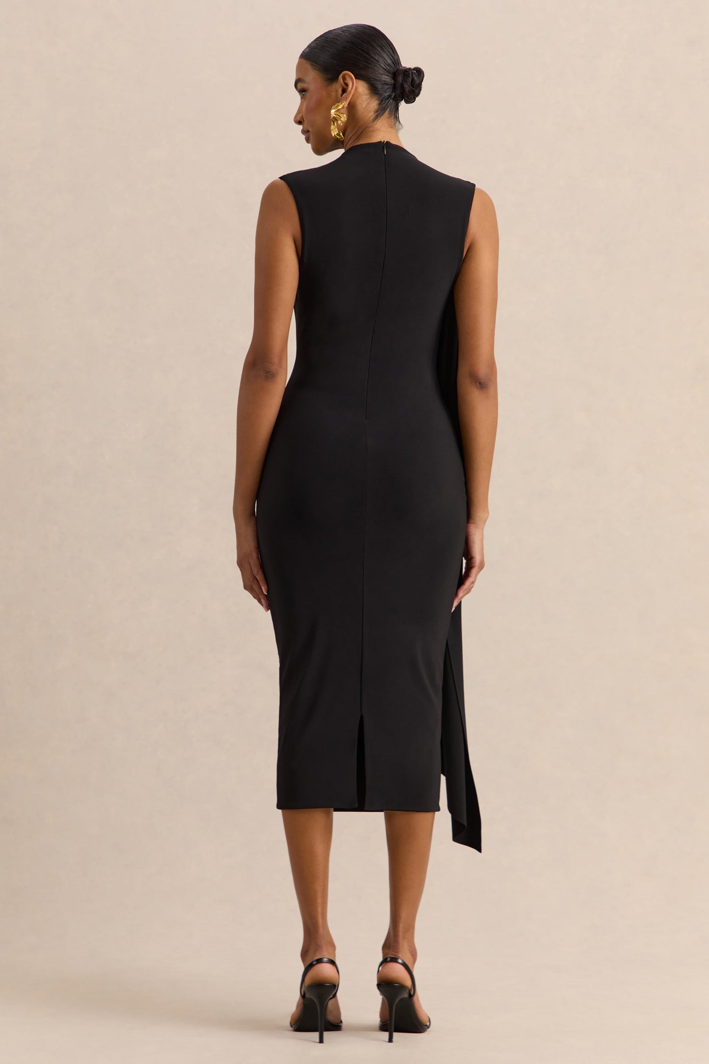 Oleandra | Black High-Neck Midi-Dress With Draped-Detail