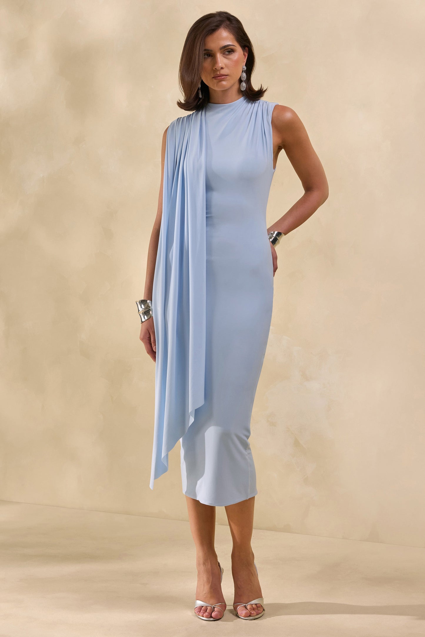 Oleandra | Light Blue High-Neck Midi-Dress With Draped-Detail
