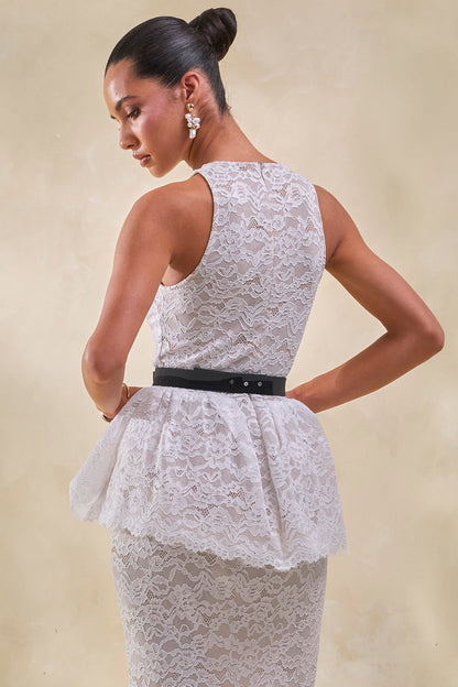 Malisse | White Lace Round-Neck Top With Belt-Detail