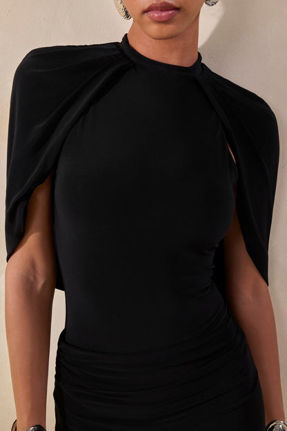 Evonne | Black Round-Neck Thong Bodysuit With Cape Sleeves