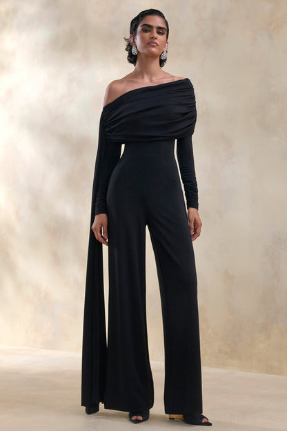 Elova | Black Bardot-Neck Jumpsuit With Sash