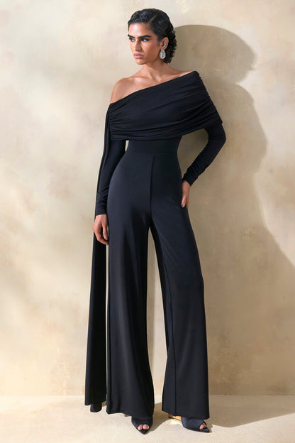 Elova | Black Bardot-Neck Jumpsuit With Sash