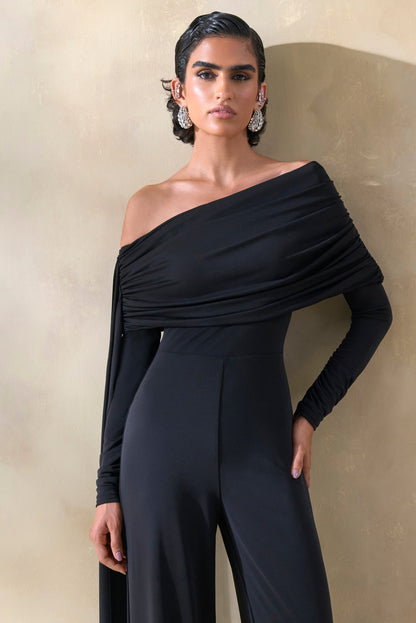 Elova | Black Bardot-Neck Jumpsuit With Sash