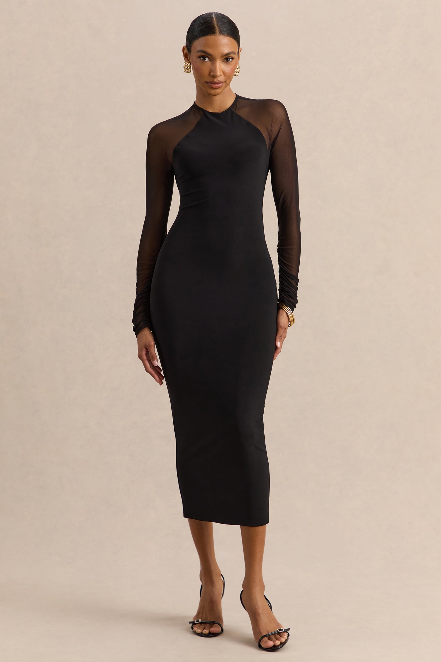 Aurevia | Black Crew-Neck Midi Dress With Long Mesh-Sleeves