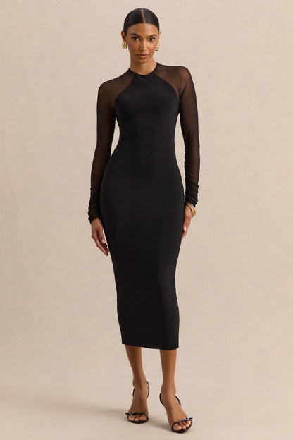 Aurevia | Black Crew-Neck Midi Dress With Long Mesh-Sleeves