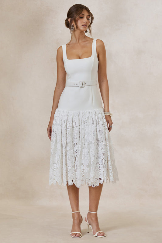 Norrie | White Lace Square-Neck Midi Dress With Voluminous Lace Skirt
