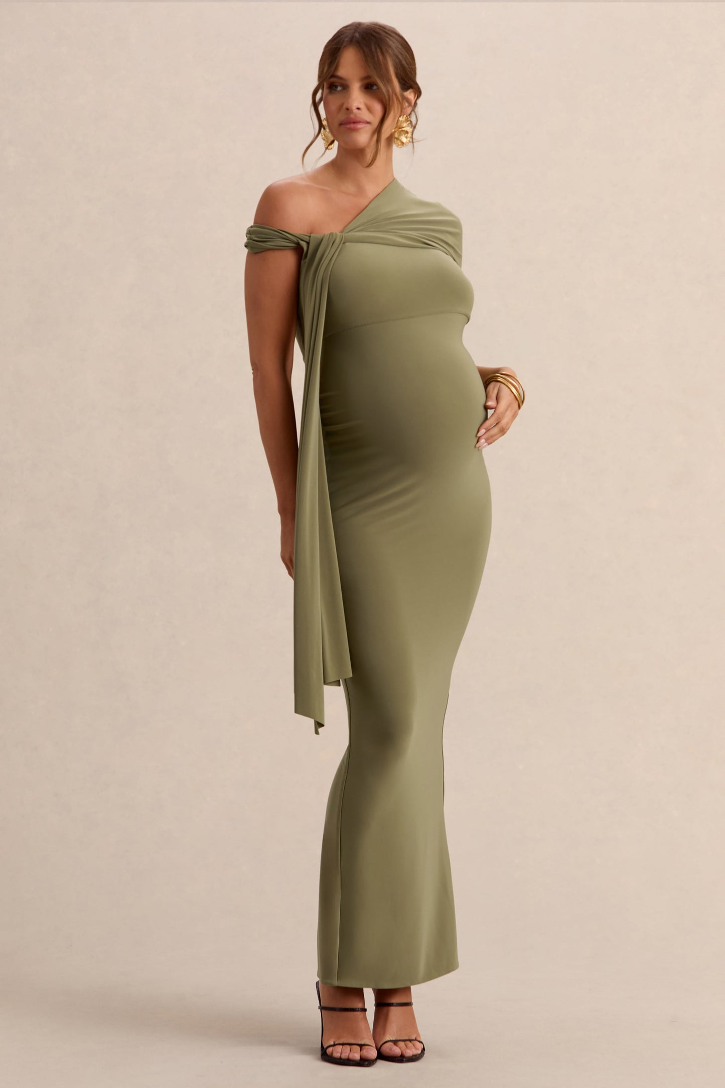 Isela | Khaki Asymmetric-Neck Maternity Maxi Dress With Sash Detail