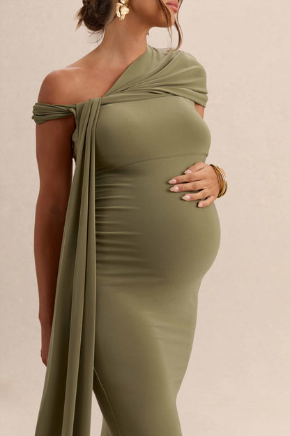 Isela | Khaki Asymmetric-Neck Maternity Maxi Dress With Sash Detail