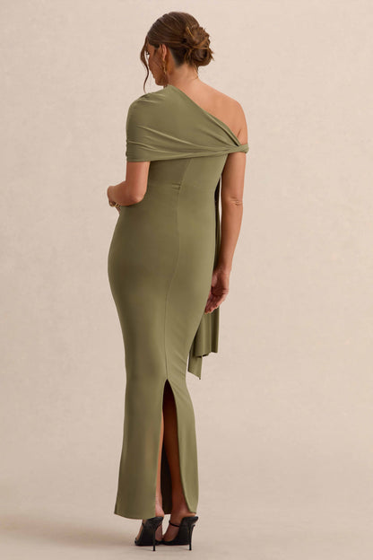 Isela | Khaki Asymmetric-Neck Maternity Maxi Dress With Sash Detail