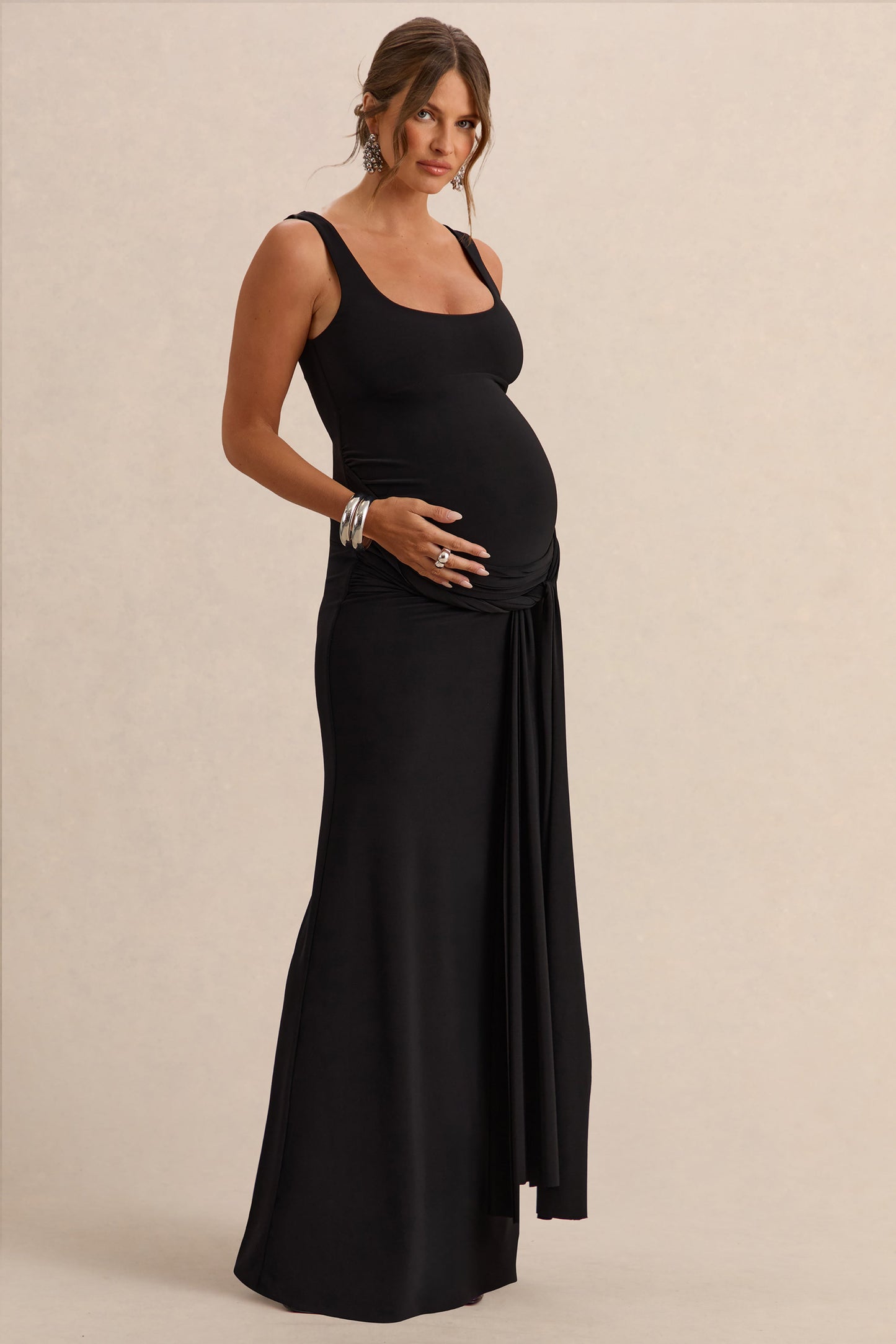 Felise | Black Scoop-Neck Maternity Maxi Dress With Gathered Detailing