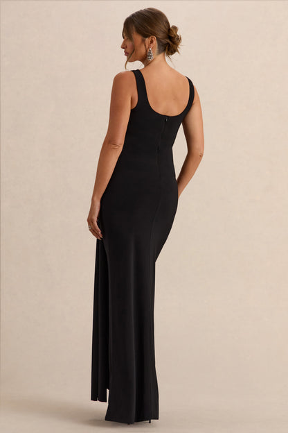 Felise | Black Scoop-Neck Maternity Maxi Dress With Gathered Detailing