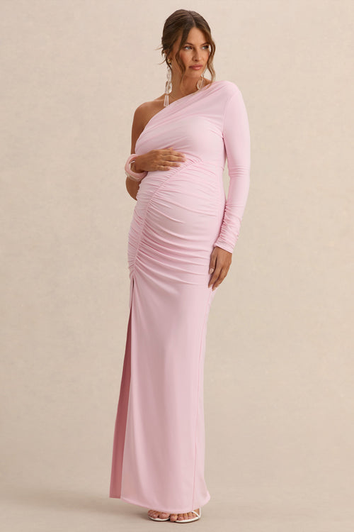 Cassiana | Light Pink Asymmetric-Neck Maternity Maxi Dress With Front-High Split