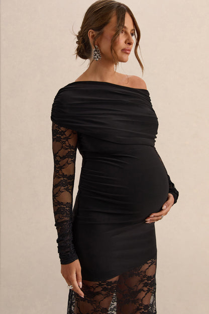 Giuliana | Black Asymmetric-Neck Maternity Maxi Dress With Lace Detailing