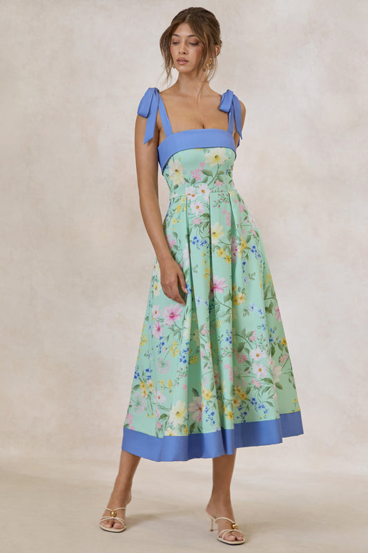 Marlisa | Mint Floral Print Square-Neck Midi Dress With Bow Straps